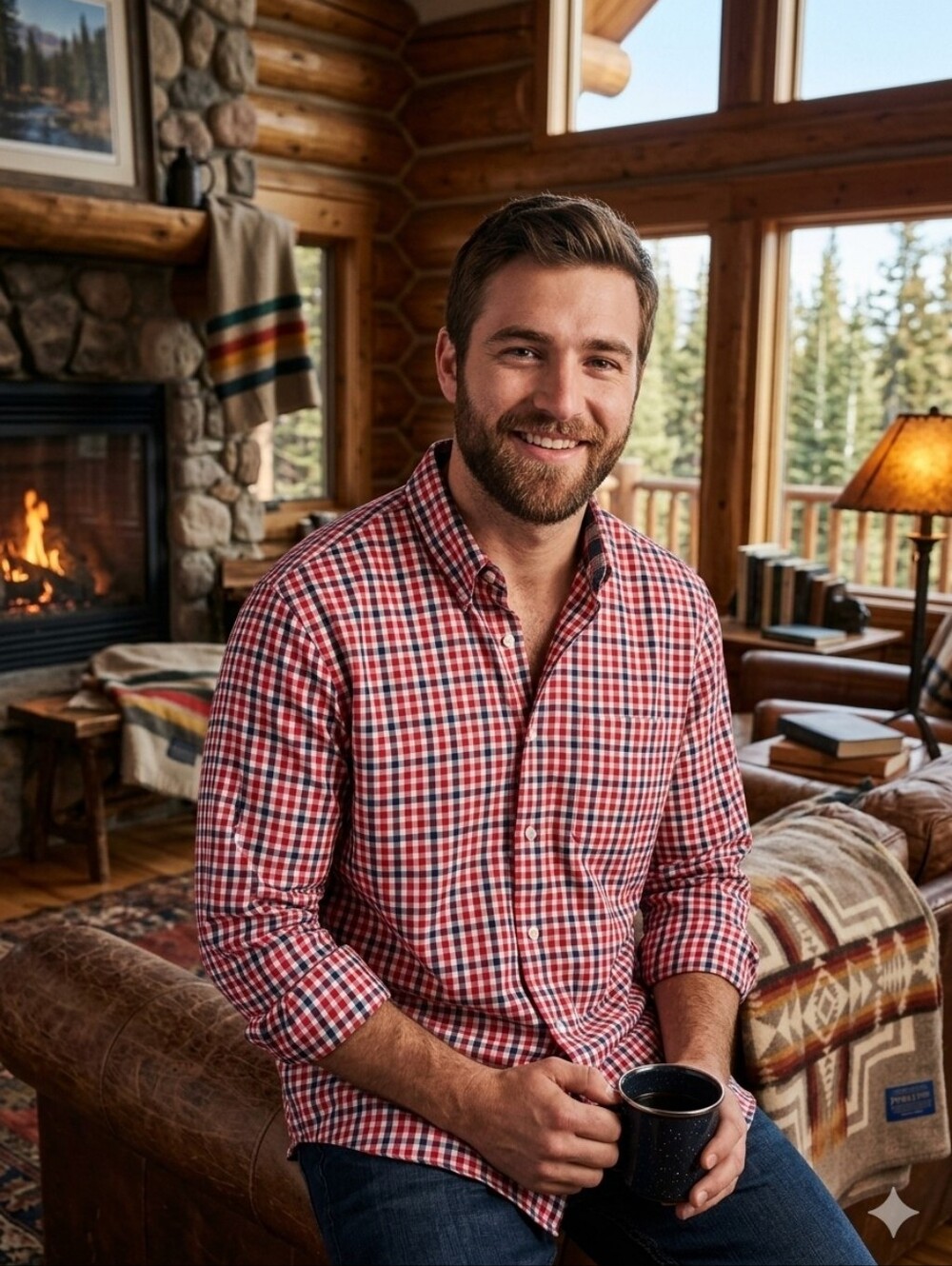 Pendleton Red, Navy and White Check Button-Up Shirt